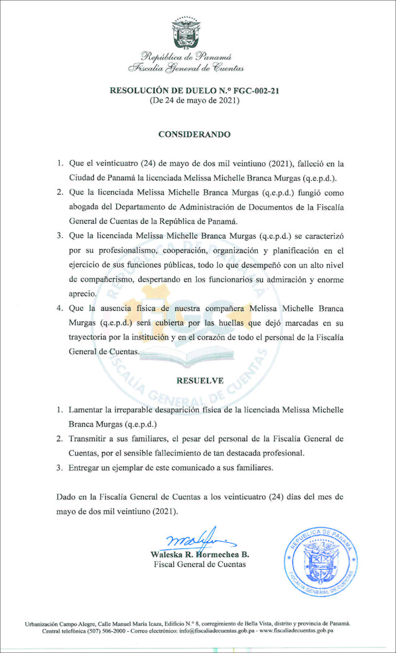 Resolución de duelo No. FGC00221 (De 24 de mayo de 2021) – Fiscalía